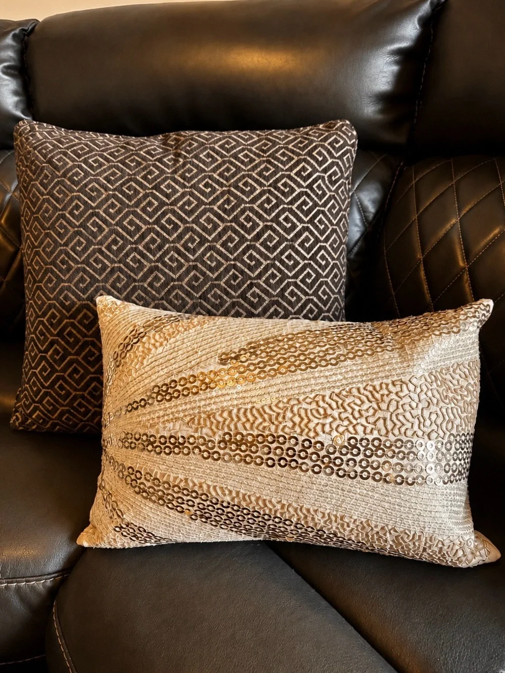 Cream Gold Sequin Embroidered Beaded Lumbar Pillow 12x20 Luxe Accent Throw